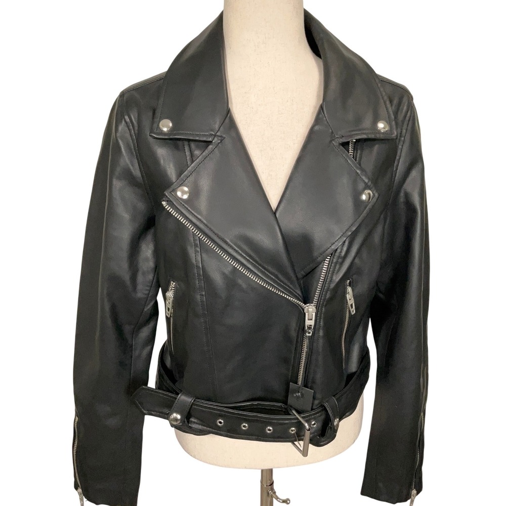 Blank NYC Moto Jacket Womens Large Black For Keeps Vegan Leather Belted Biker